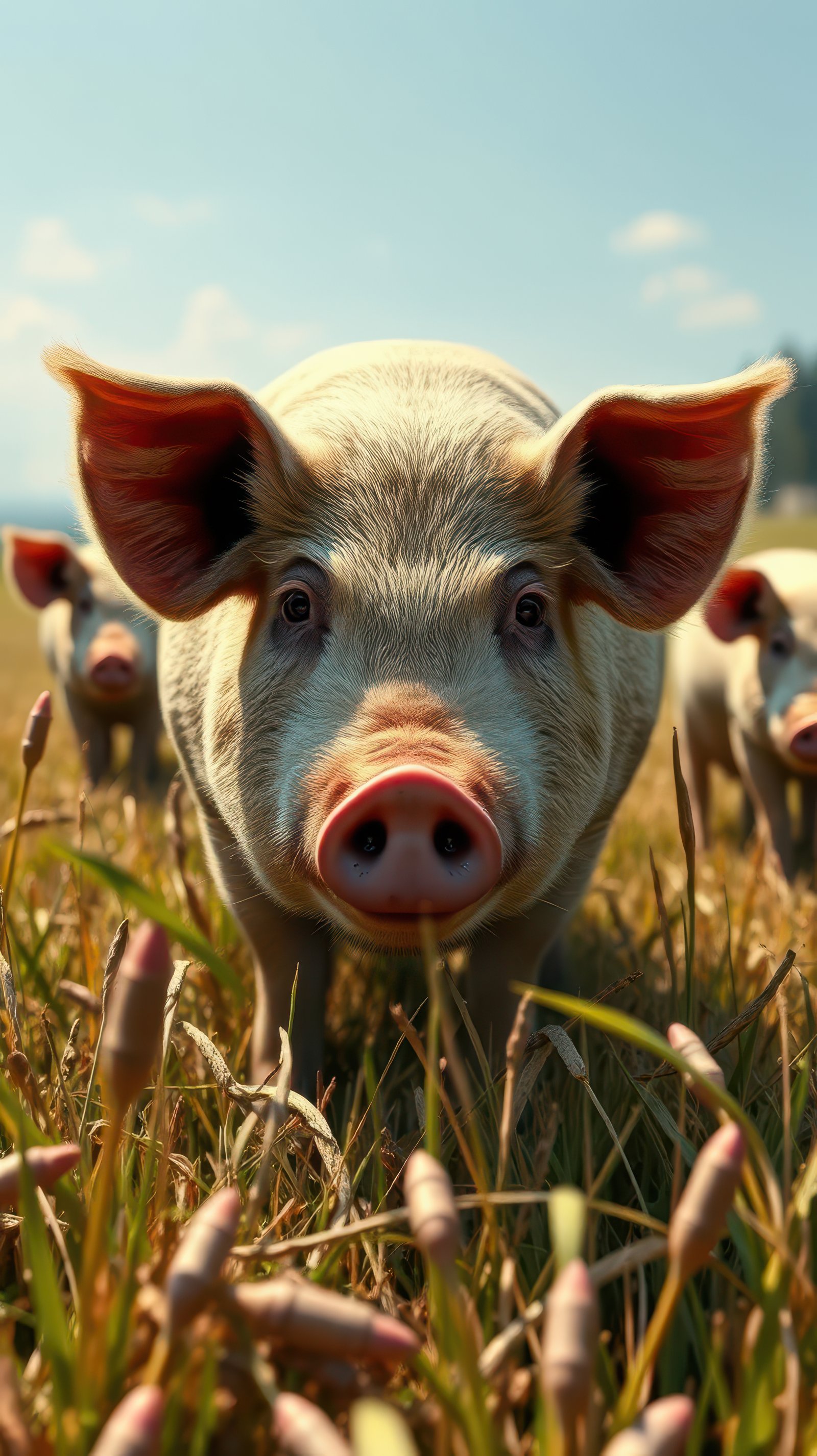 A pig looks directly at the camera while standing in a field of tall grass